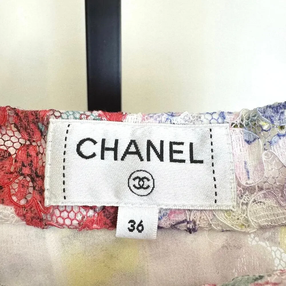 CHANEL Multicolor Floral Lace Front Tie Wide Leg Pants 36 CC Logo Zip Colorful